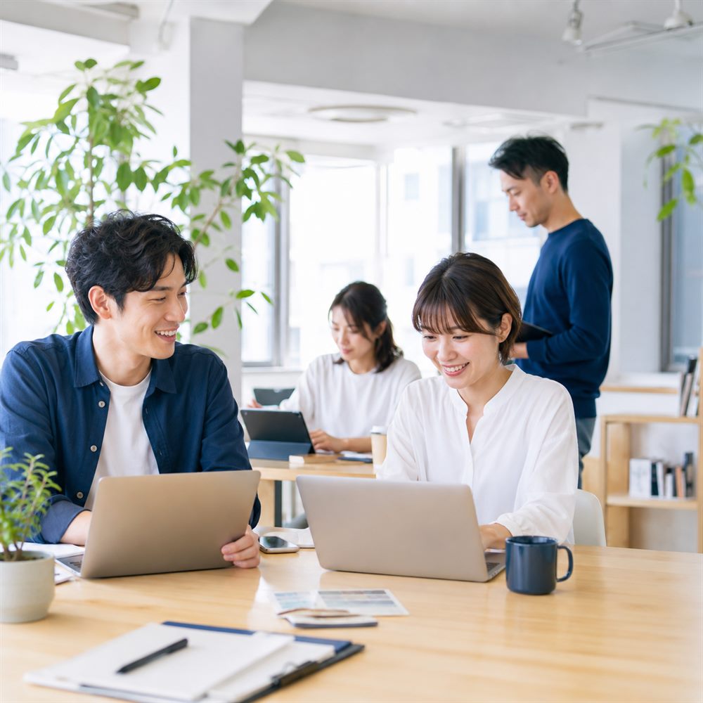 明るいオフィスでWeb制作の打ち合わせをするチーム