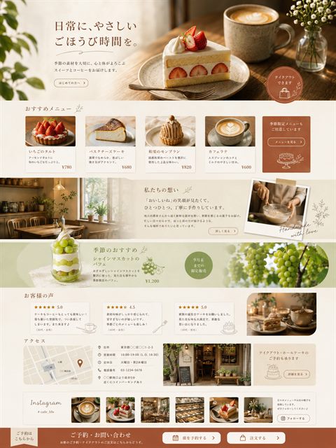 カフェ・スイーツ店のLP制作サンプル｜温かみのある店舗集客型